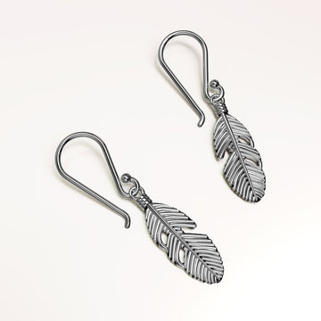 Solid 925 Sterling Silver Oxidised Feather Dangle Earrings