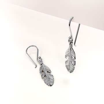 Solid 925 Sterling Silver Oxidised Feather Dangle Earrings
