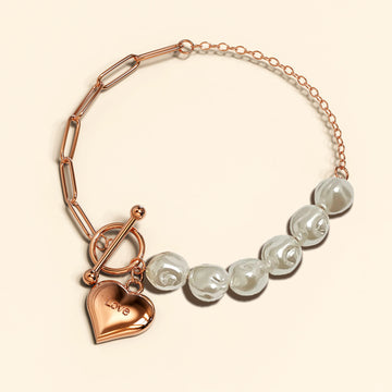 Pearl Paper Clip Chain Heart Rose Gold Layered Stainless Steel Bracelet