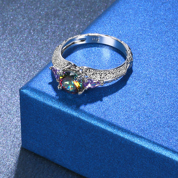 Vintage Inspired Colourful Stone Solid Engagement White Gold Layered Band Ring