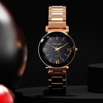 Bullion Gold Romish Watch Embellished with Glittering Crystals - Rose Gold and Black