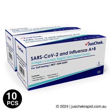 JusChek COVID-19 and Influenza A + B Combo Rapid Antigen Test RATs (Nasal Swab) - 10 Pack