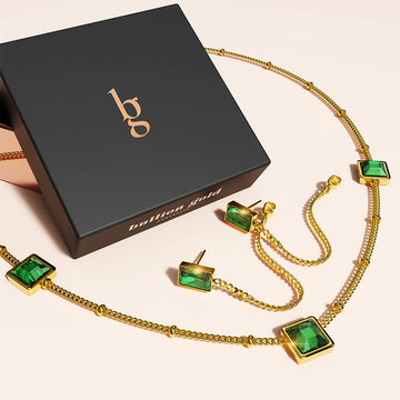 Boxed Square Bezel Emerald Green Necklace and Dangly Stud Earring Set