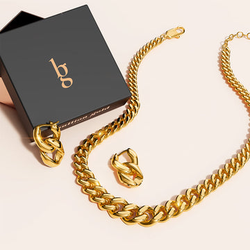 Boxed Odell Gold Cuban Chain Necklace and Hoops Earring Set