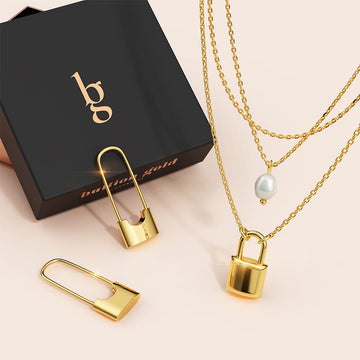 Boxed Dainty Lock Earrings and Pearl Necklace Set in Gold