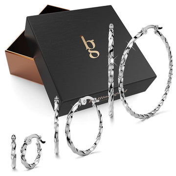 Boxed 3 Pairs Twisted Hoop Earrings Set White Gold