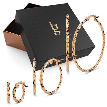 Boxed 3 Pairs Twisted Hoop Earrings Set Rose Gold