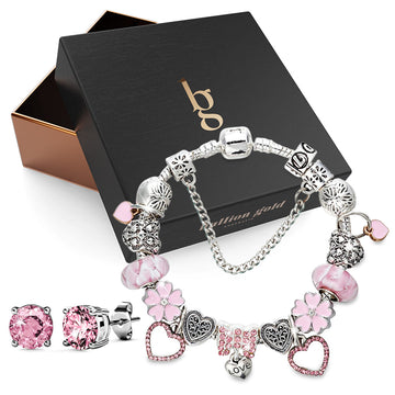 Boxed Pandora Inspired Full Set Beaded Charm Bracelet - Silver/Pink