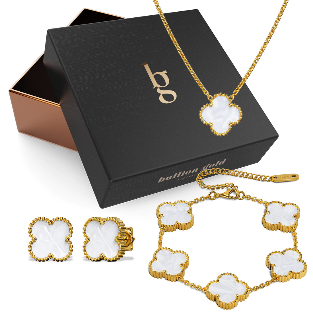 Boxed White Clover Necklace, Bracelet and Earrings Set
