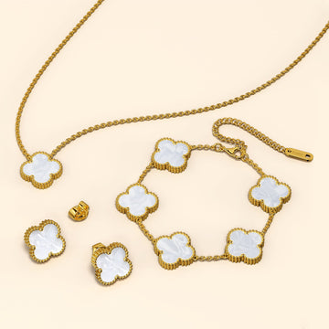 Boxed White Clover Necklace, Bracelet and Earrings Set