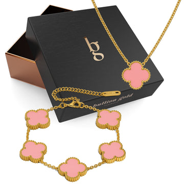 Boxed Pink Clover Necklace and Bracelet Set