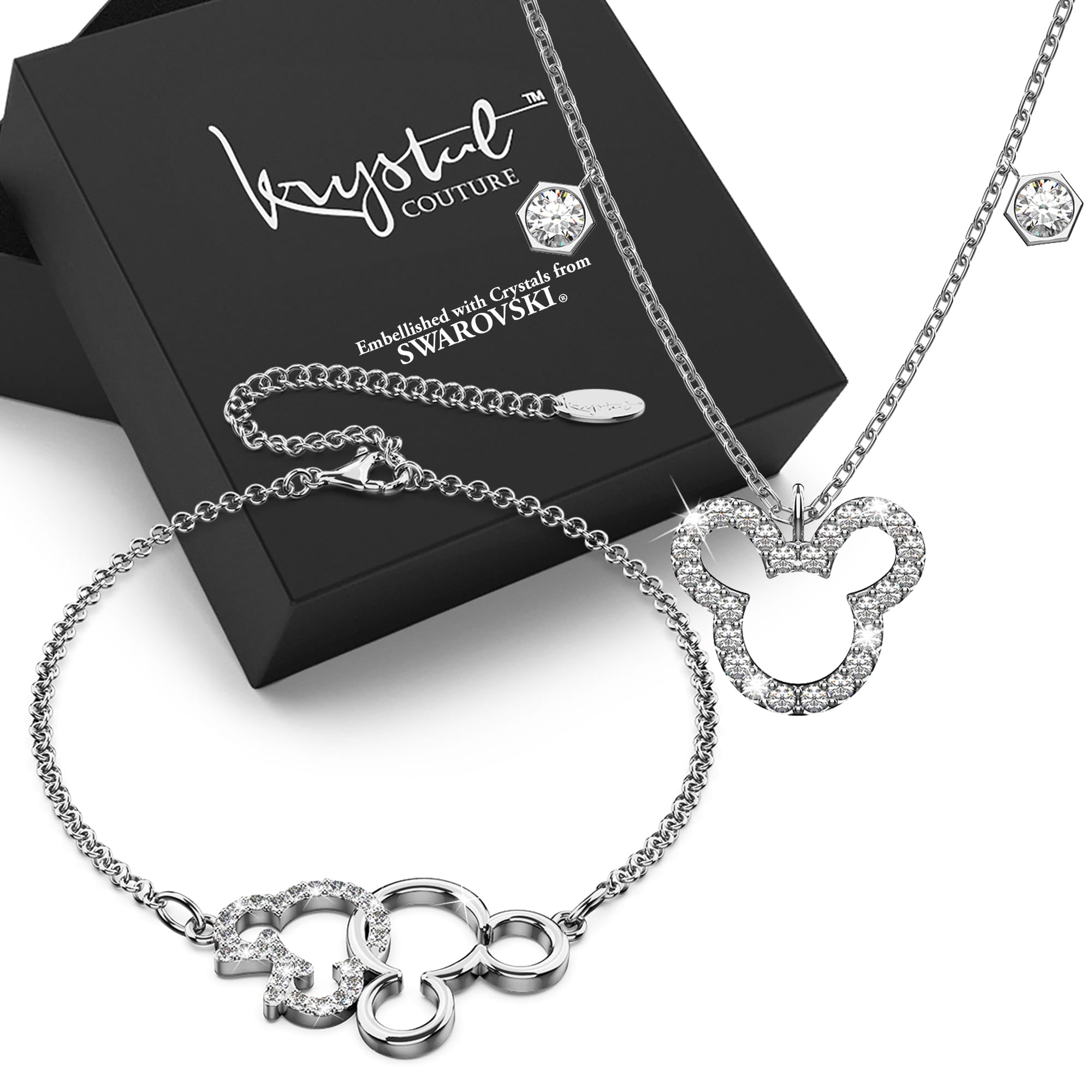Boxed White Gold Mickey Bracelet and Necklace Set Embellished with SWA