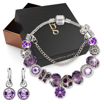 Boxed Set of Pandora Inspired Bead Charm Bracelet and Exquisite SWAROVSKI® Crystal Encrusted Earrings