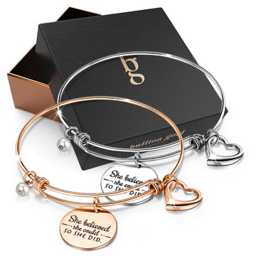 Boxed She Believed She Could Heart Heart Love Charm Toggle Bangle Set in Rose Gold and White Gold Plated
