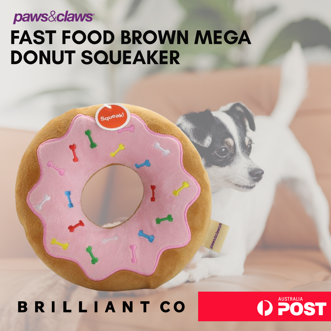 Paws & Claws  FAST FOOD PINK MEGA DONUT SQUEAKER - Brilliant Co