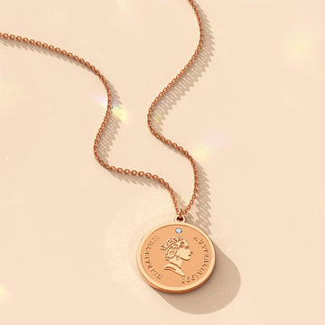 Queen E Medallion Necklace in Rose Gold Plated Titanium with Genuine 0.005ct Diamond