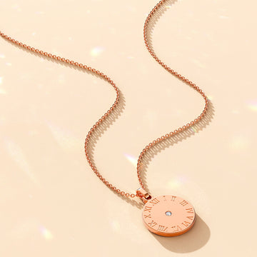 Roman Numerals Sundial Necklace in Rose Gold Plated Titanium with Genuine 0.01ct Diamond