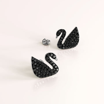 Solid 925 Sterling Silver Jet Swan Stud Earrings