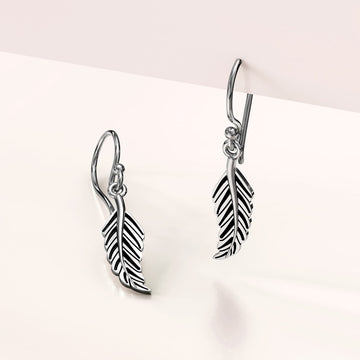 Solid 925 Sterling Silver Antique Feather Leaf Dangle Earrings