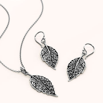 Boxed Solid 925 Sterling Silver Antiqued Feather Leaf Set