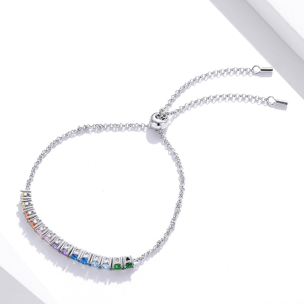 Solid 925 Sterling Silver Rainbow Cubic Zirconia Slider Bracelet