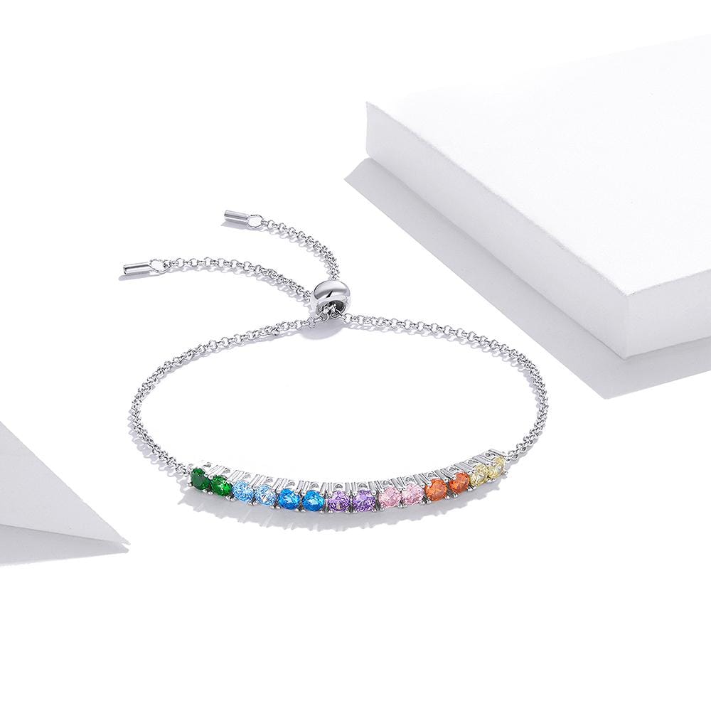 Solid 925 Sterling Silver Rainbow Cubic Zirconia Slider Bracelet