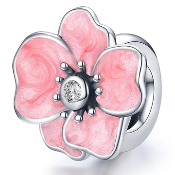 Solid 925 Sterling Silver Inlay Pink Floral Pandora Inspired Charm