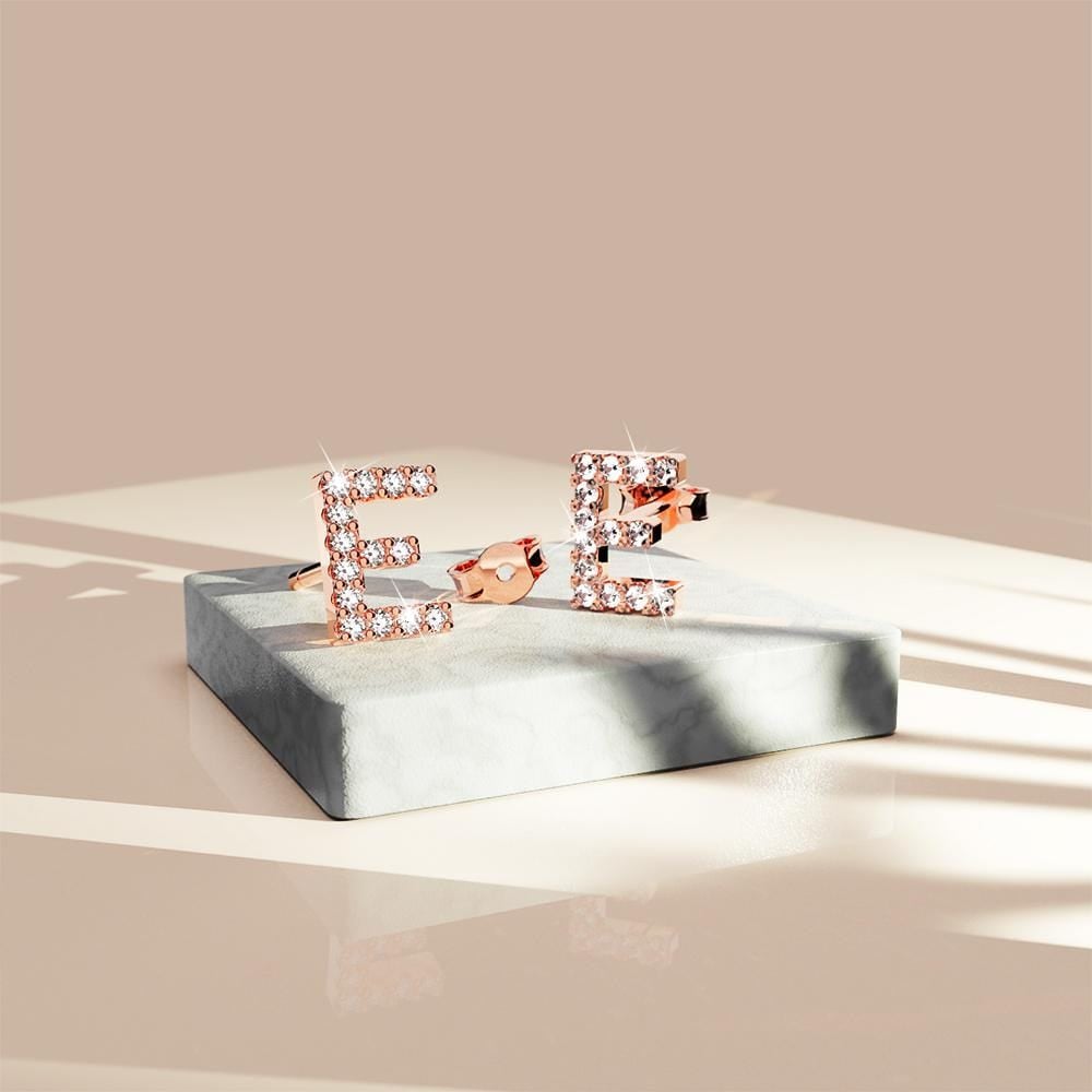 Solid 925 Sterling Silver Glamour Alphabet Letter Earrings Rose Gold - 19
