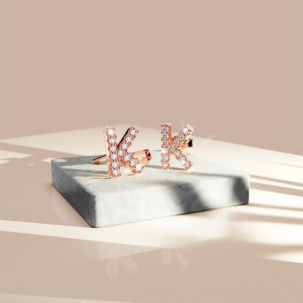 Solid 925 Sterling Silver Glamour Alphabet Letter Earrings Rose Gold - 43