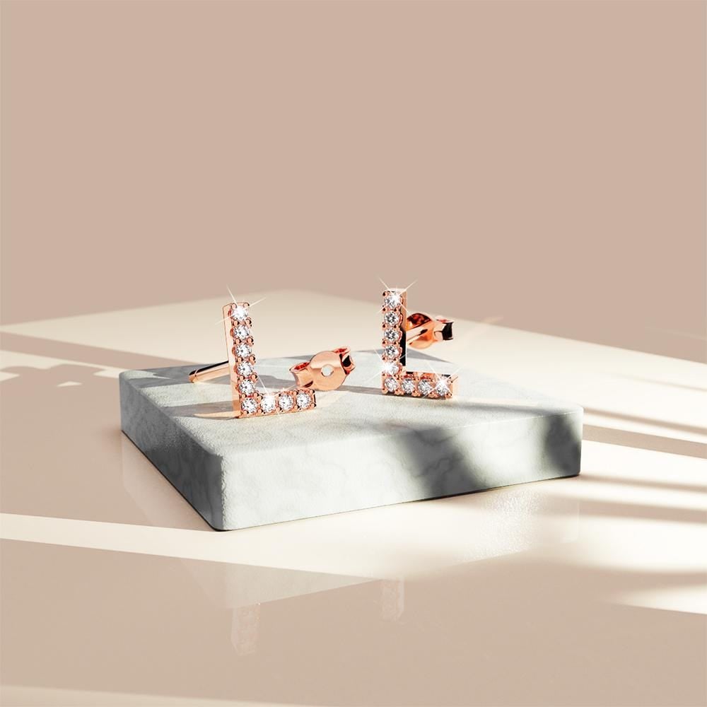 Solid 925 Sterling Silver Glamour Alphabet Letter Earrings Rose Gold - 47