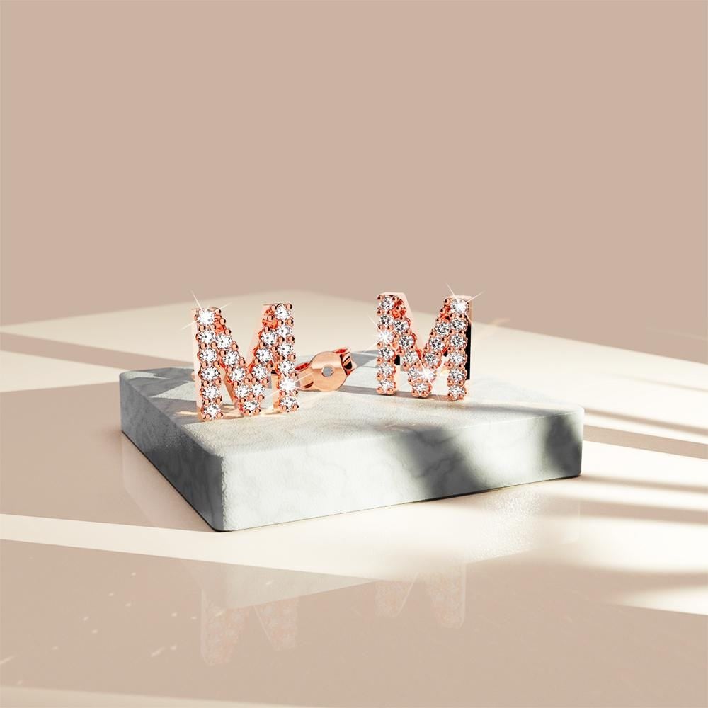 Solid 925 Sterling Silver Glamour Alphabet Letter Earrings Rose Gold - 51