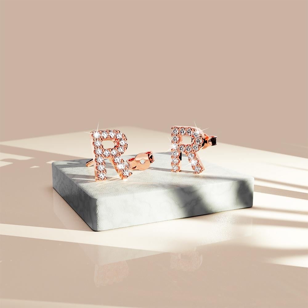 Solid 925 Sterling Silver Glamour Alphabet Letter Earrings Rose Gold - 71