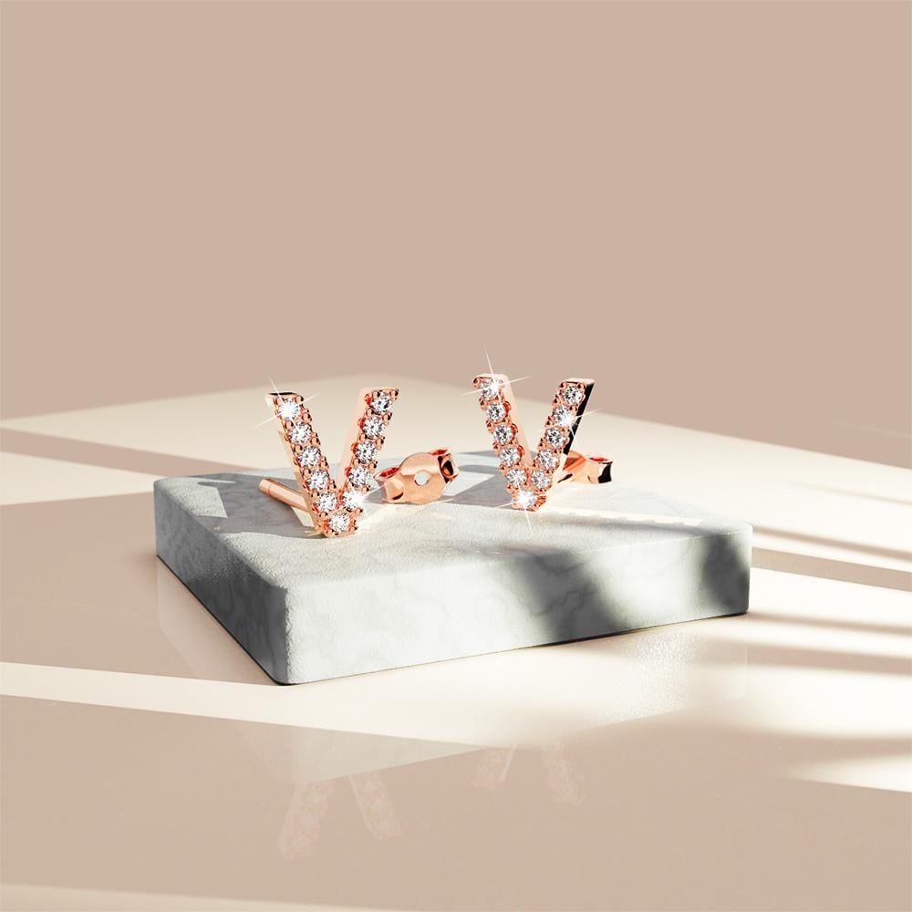 Solid 925 Sterling Silver Glamour Alphabet Letter Earrings Rose Gold - 87