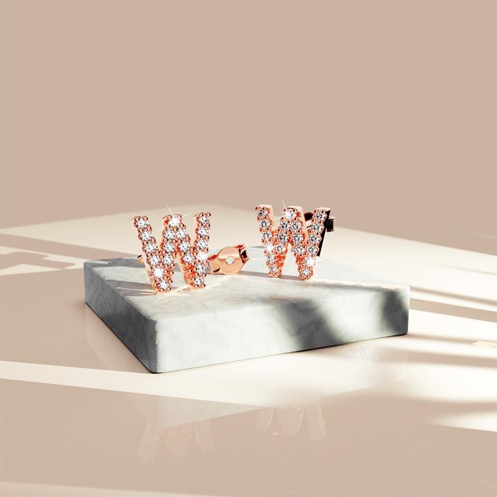 Solid 925 Sterling Silver Glamour Alphabet Letter Earrings Rose Gold - 91