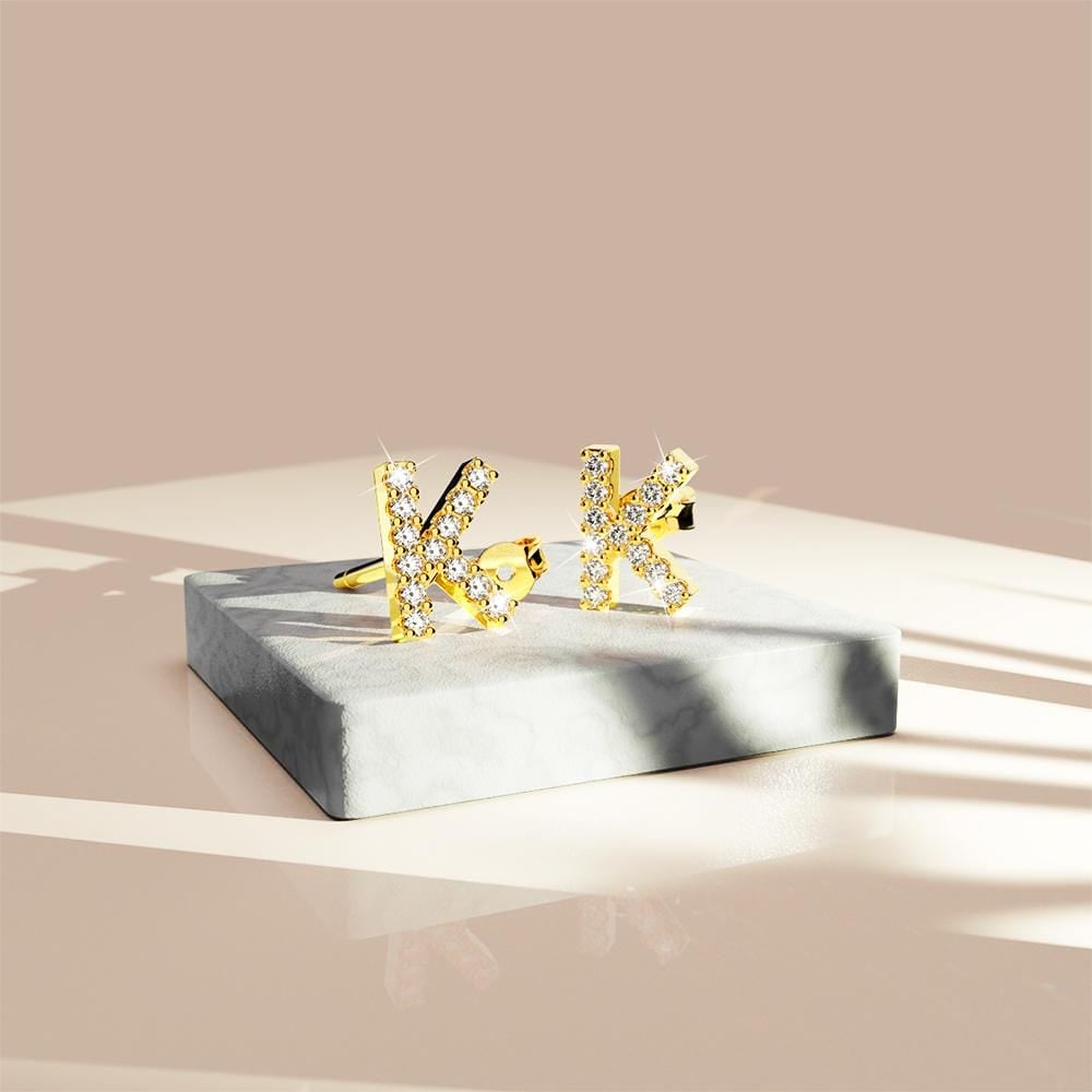 Solid 925 Sterling Silver Glamour Alphabet Letter Earrings Gold - 43