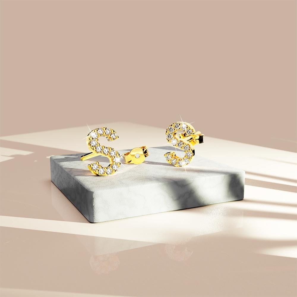 Solid 925 Sterling Silver Glamour Alphabet Letter Earrings Gold - 75