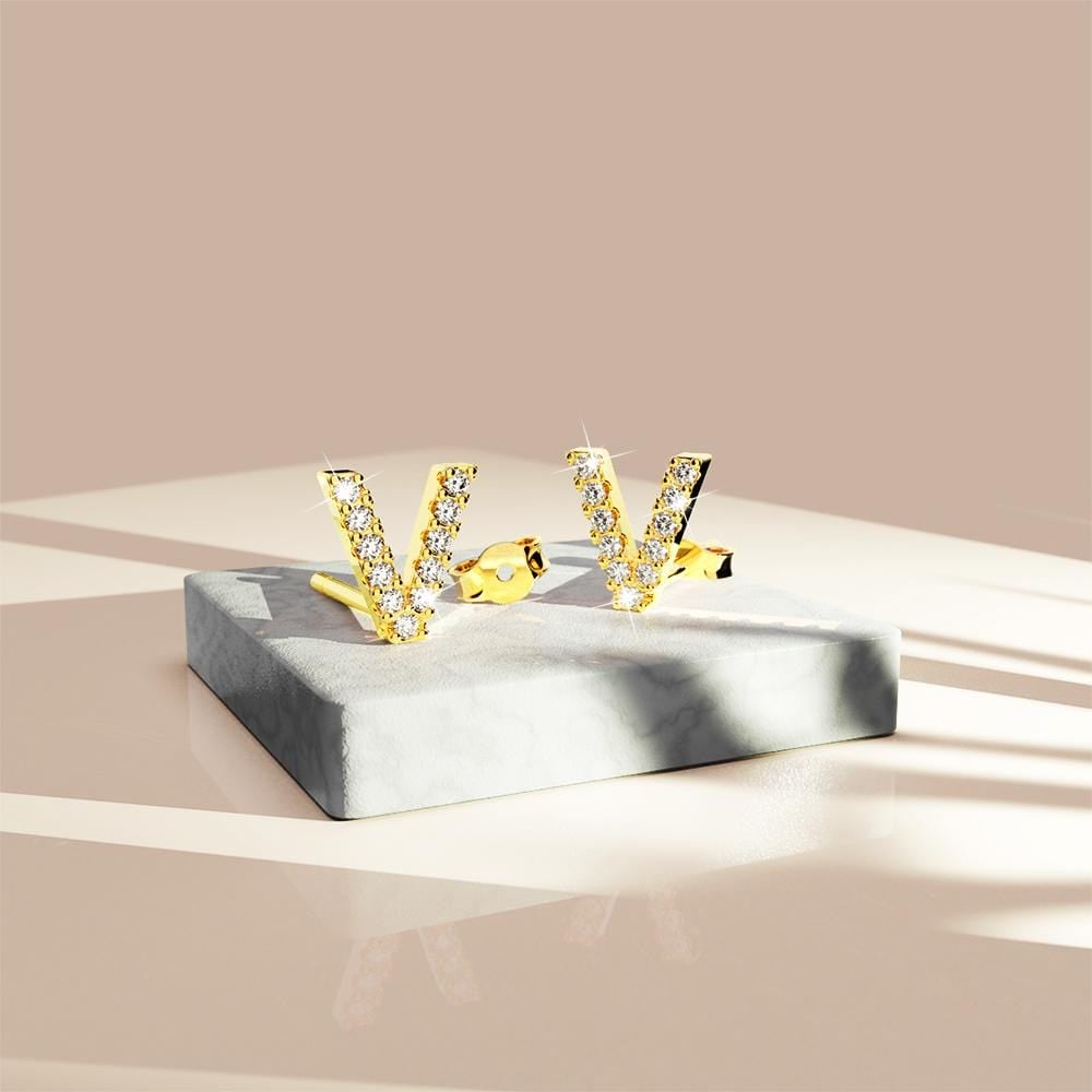 Solid 925 Sterling Silver Glamour Alphabet Letter Earrings Gold - 87