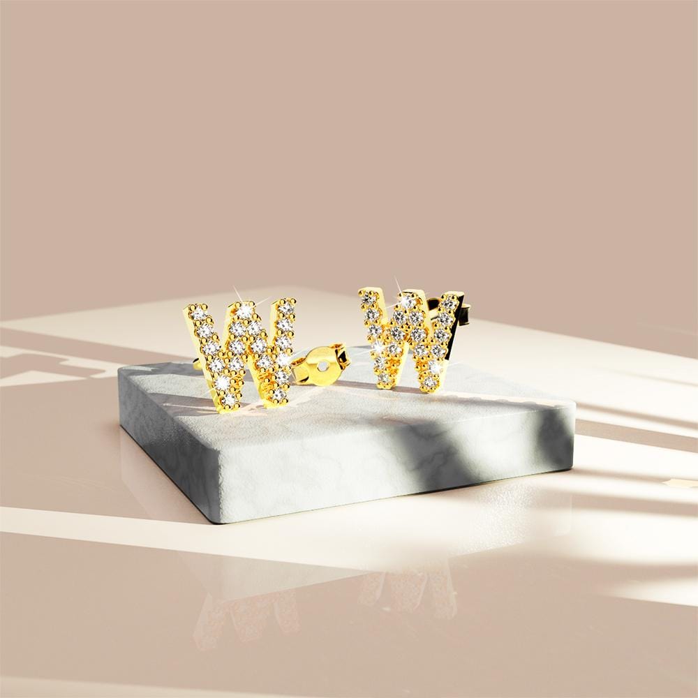 Solid 925 Sterling Silver Glamour Alphabet Letter Earrings Gold - 91