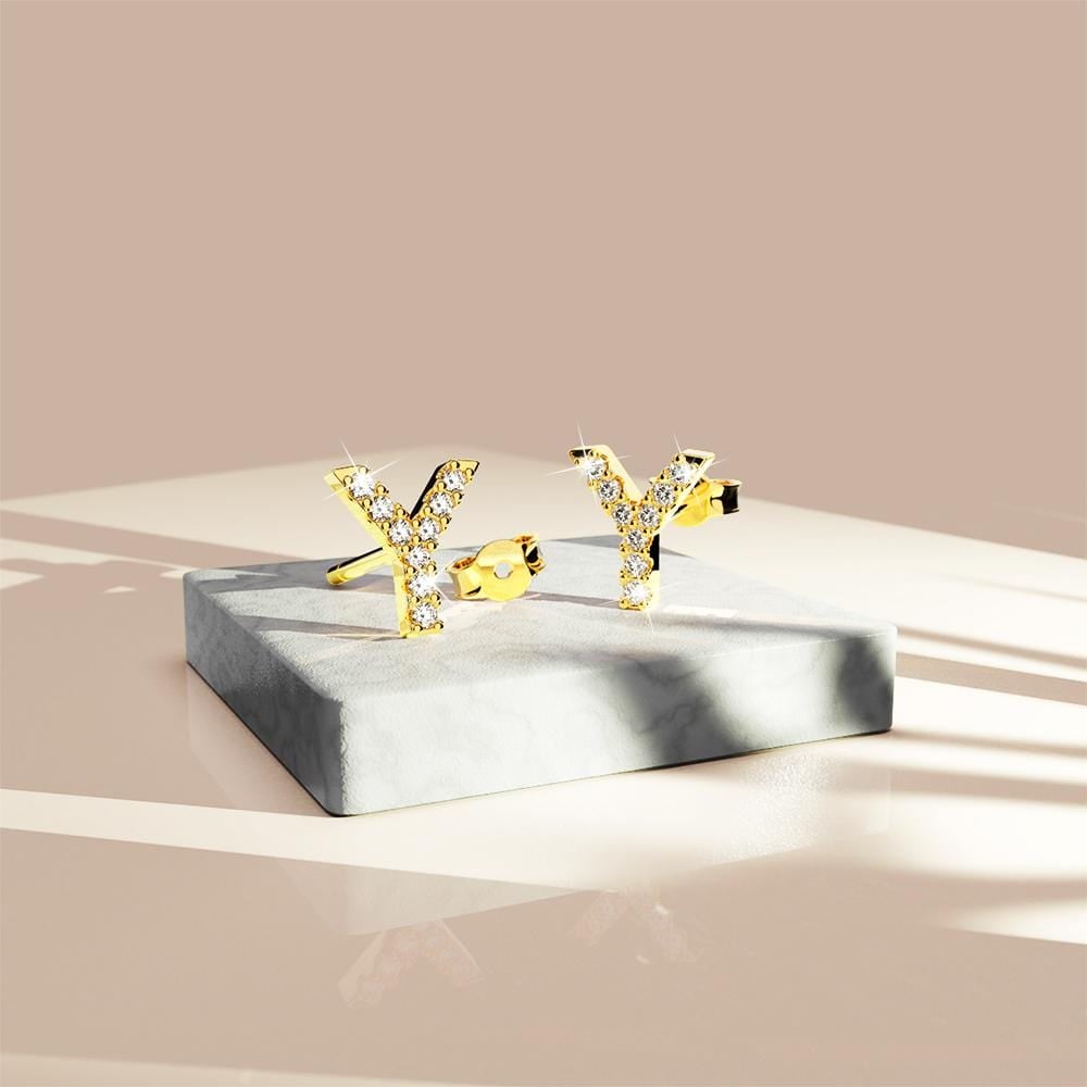 Solid 925 Sterling Silver Glamour Alphabet Letter Earrings Gold - 99