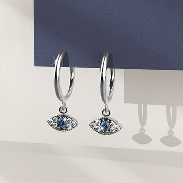 Solid 925 Sterling Silver Zircon Evil Eye Huggie Earrings Silver
