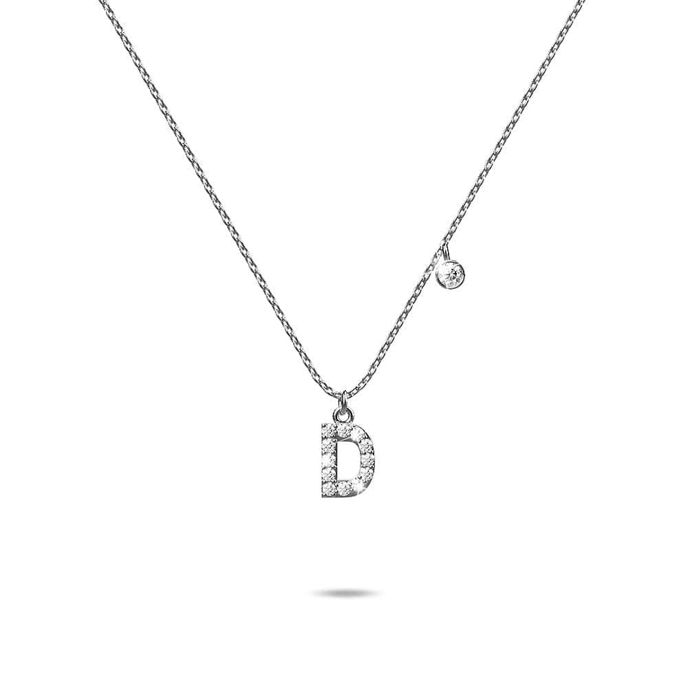 Solid 925 Sterling Silver Initial Crystal Personalised Alphabet Letter Necklace Silver - 14