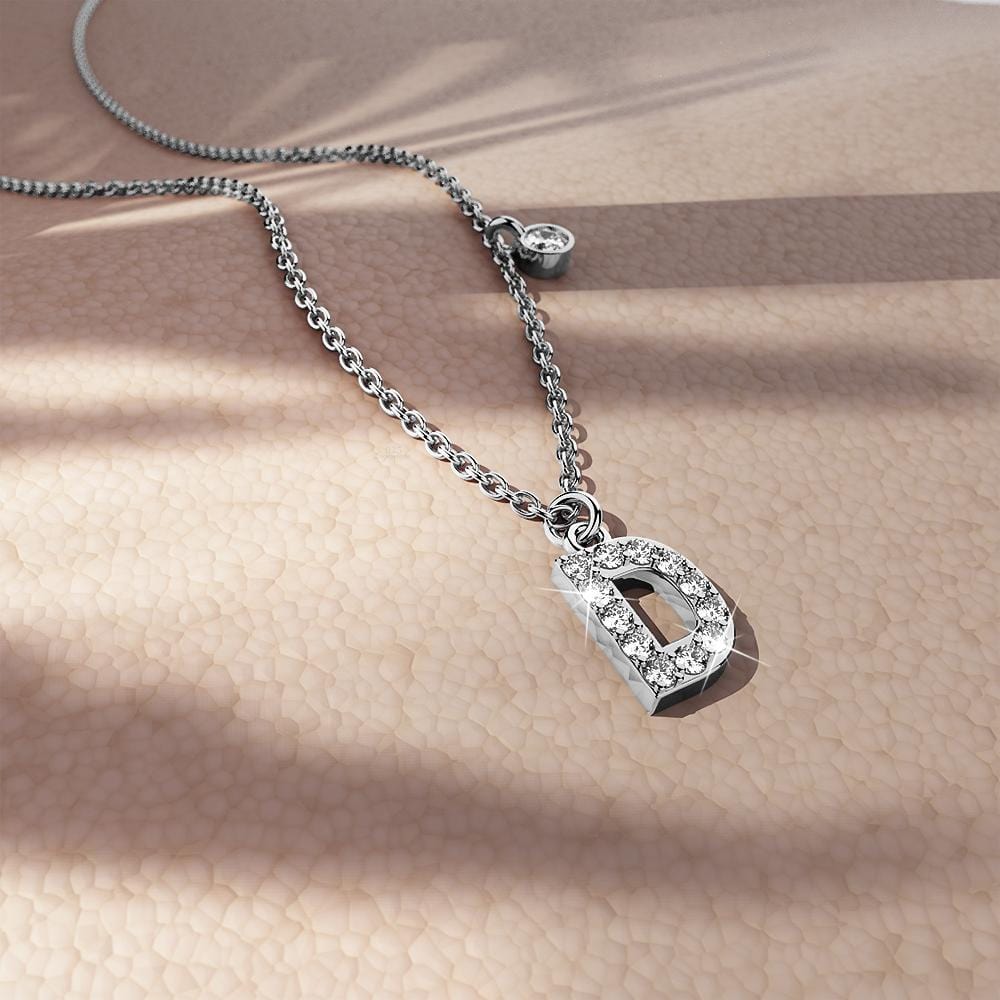 Solid 925 Sterling Silver Initial Crystal Personalised Alphabet Letter Necklace Silver - 15