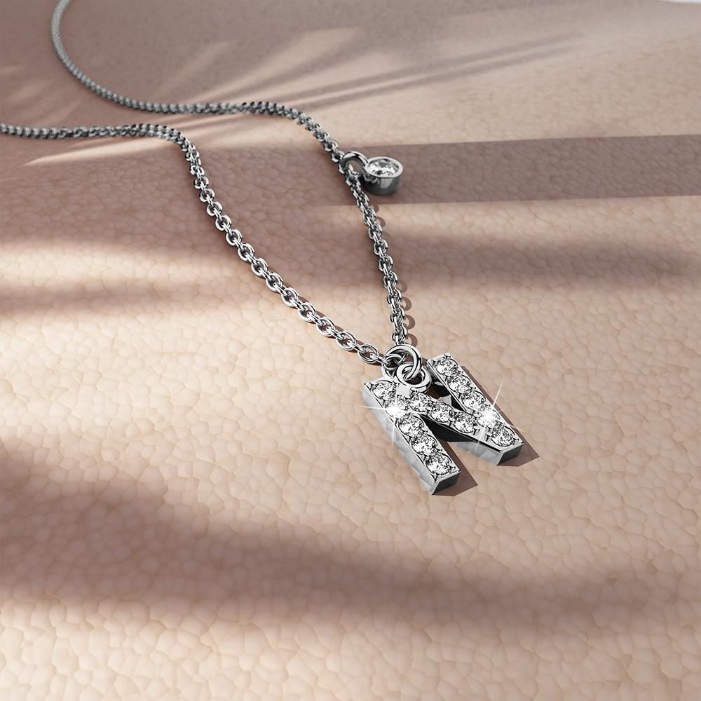 Solid 925 Sterling Silver Initial Crystal Personalised Alphabet Letter Necklace Silver - 55