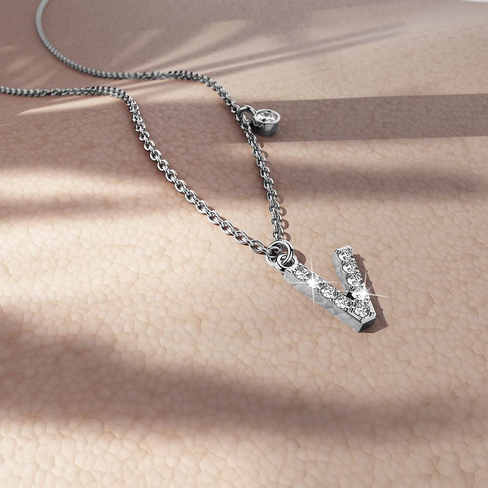 Solid 925 Sterling Silver Initial Crystal Personalised Alphabet Letter Necklace Silver - 87