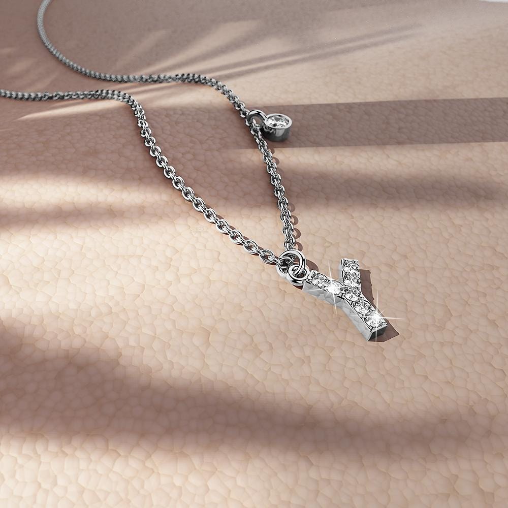 Solid 925 Sterling Silver Initial Crystal Personalised Alphabet Letter Necklace Silver - 99