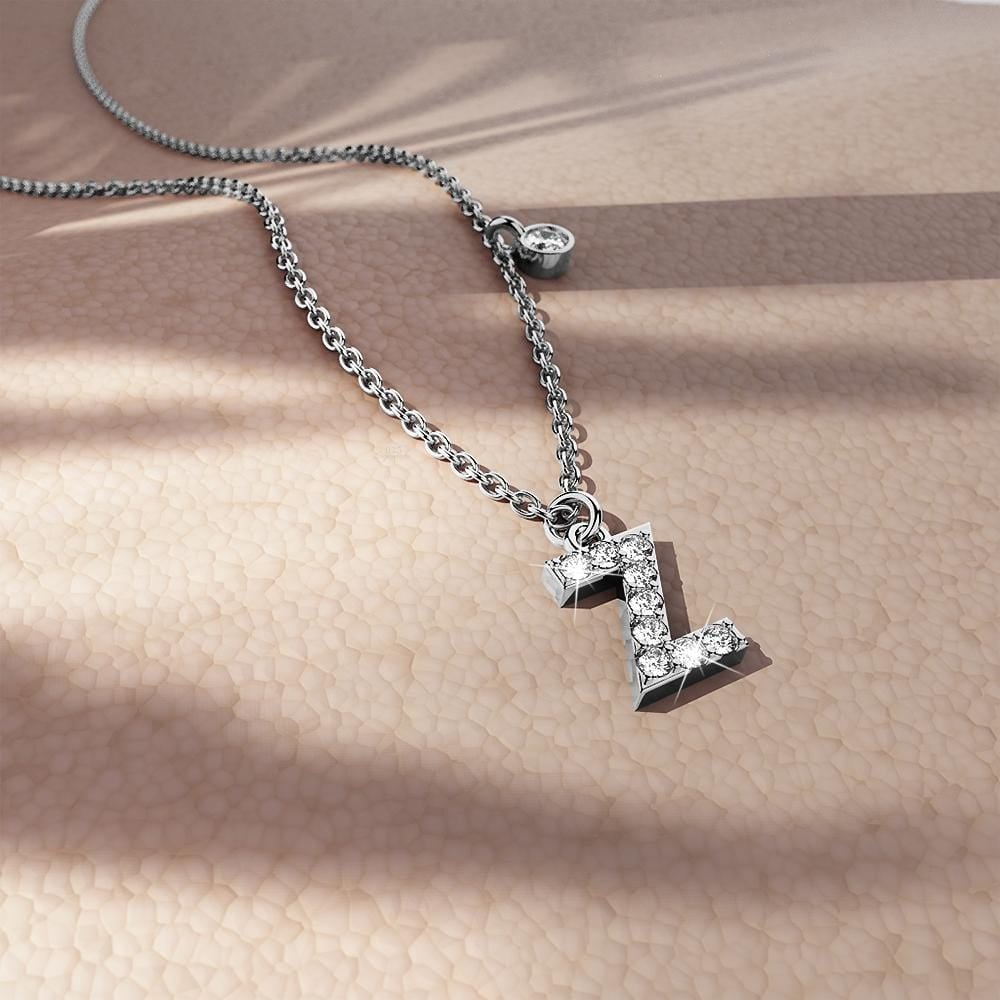Solid 925 Sterling Silver Initial Crystal Personalised Alphabet Letter Necklace Silver - 103