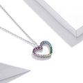 Solid 925 Sterling Silver Heart Shaped Rainbow Color Pendant Necklace