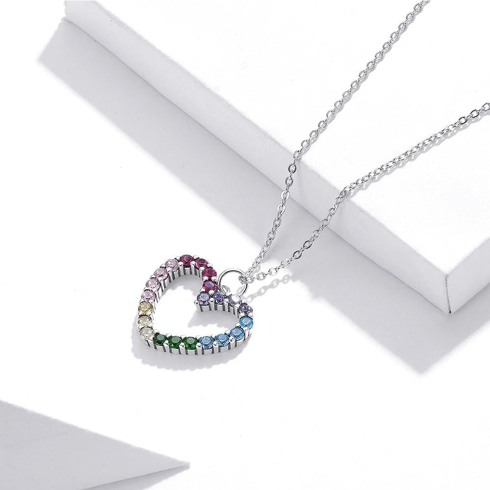 Solid 925 Sterling Silver Heart Shaped Rainbow Color Pendant Necklace