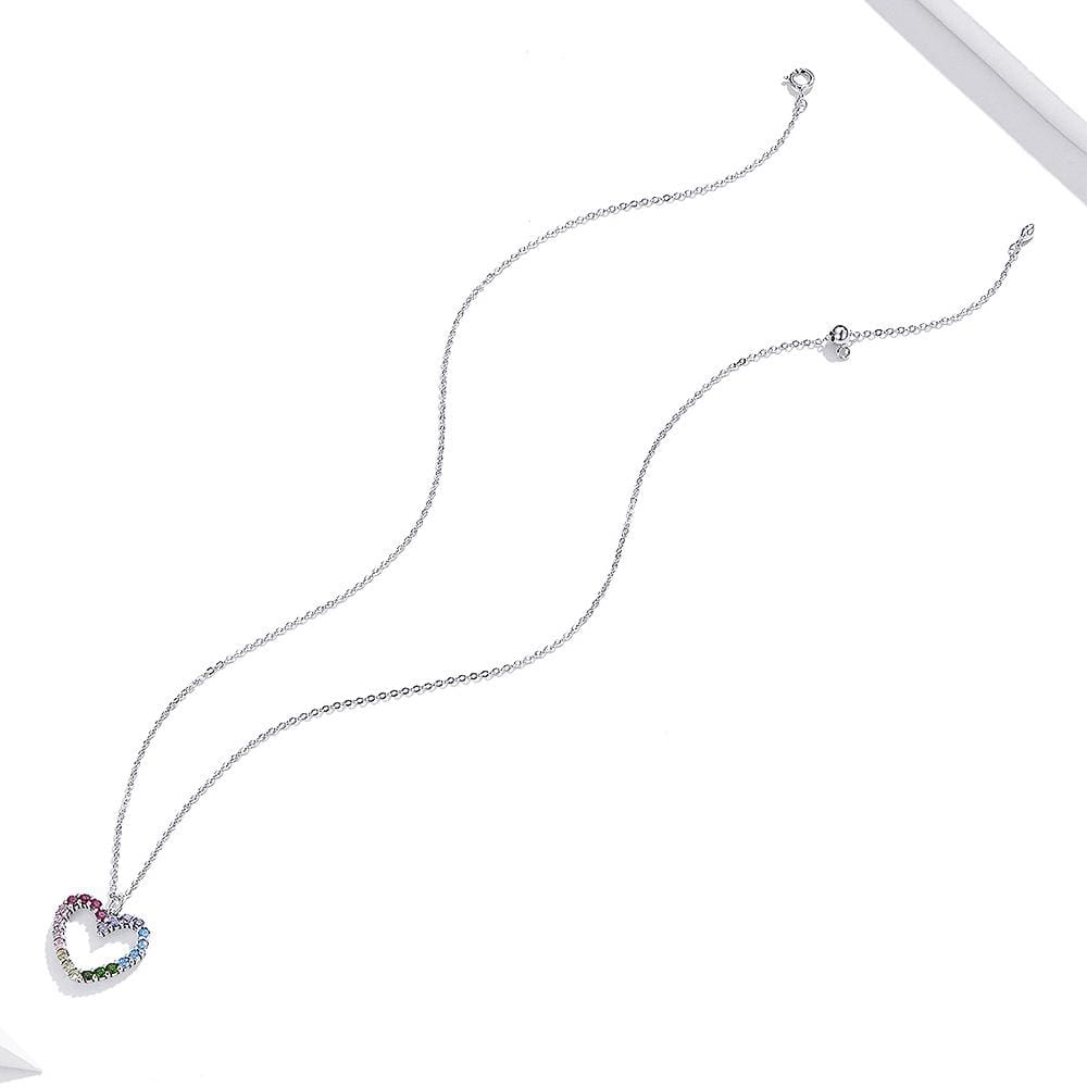 Solid 925 Sterling Silver Heart Shaped Rainbow Color Pendant Necklace