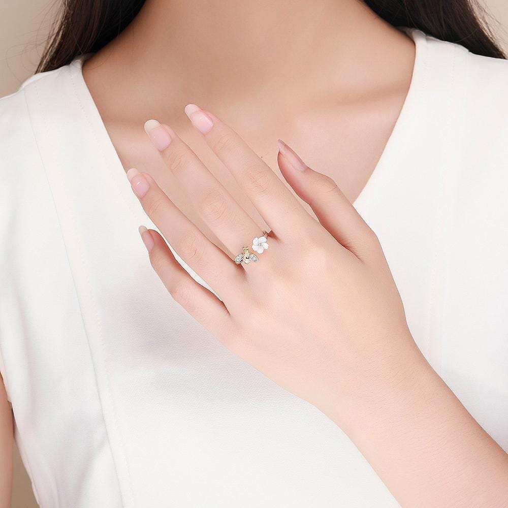 Solid 925 Sterling Silver Flower and Bee Adjustable Fashion Ring